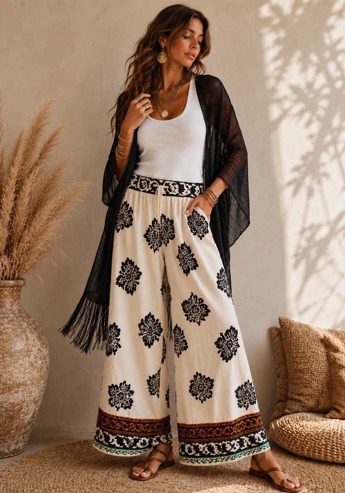Boho palazzo παντελόνα Madeira με paisley print, ελαστική μέση, κορδόνι και πλαϊνές τσέπες