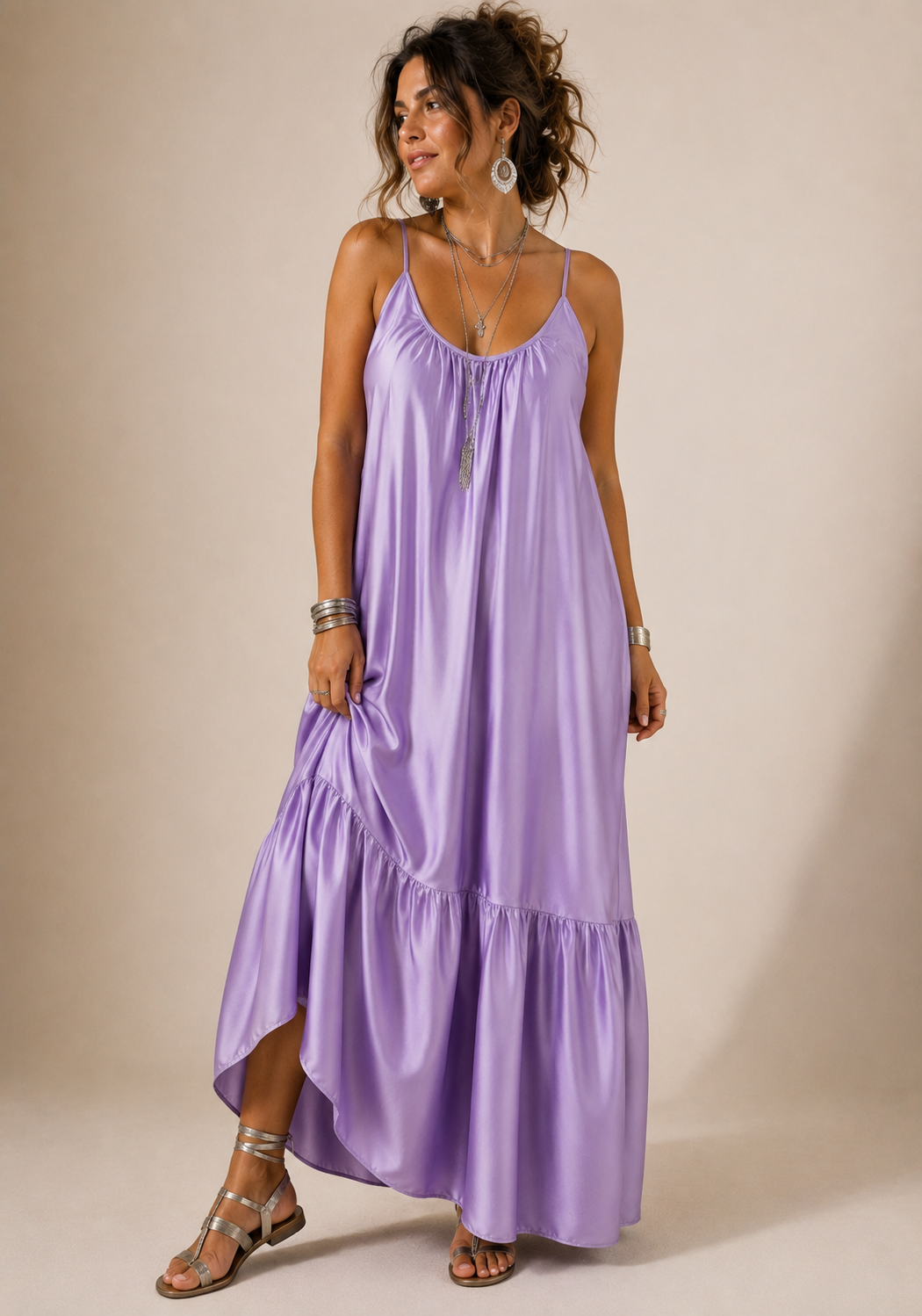 PerfectDress.gr boho chic σατέν maxi φόρεμα με βολάν Luna λιλά