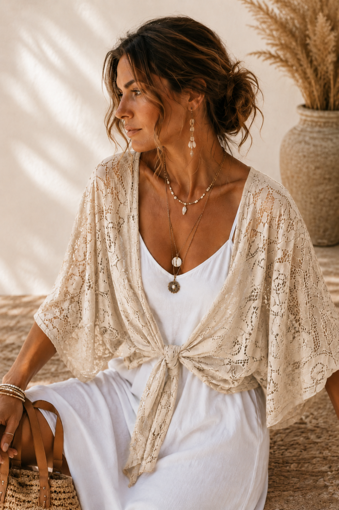 boho oversized μπολερό δαντέλα Cocoon μπεζ