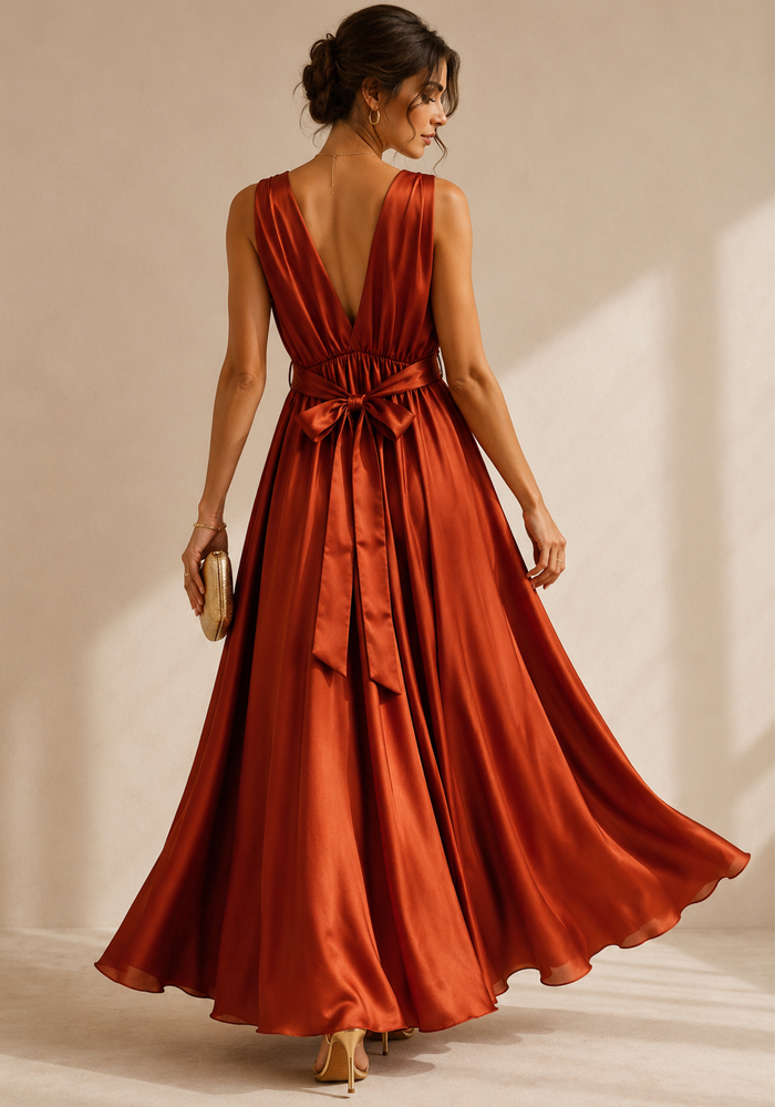 PerfectDress.gr βραδινό σατέν maxi φόρεμα Aurora κεραμιδί - 3