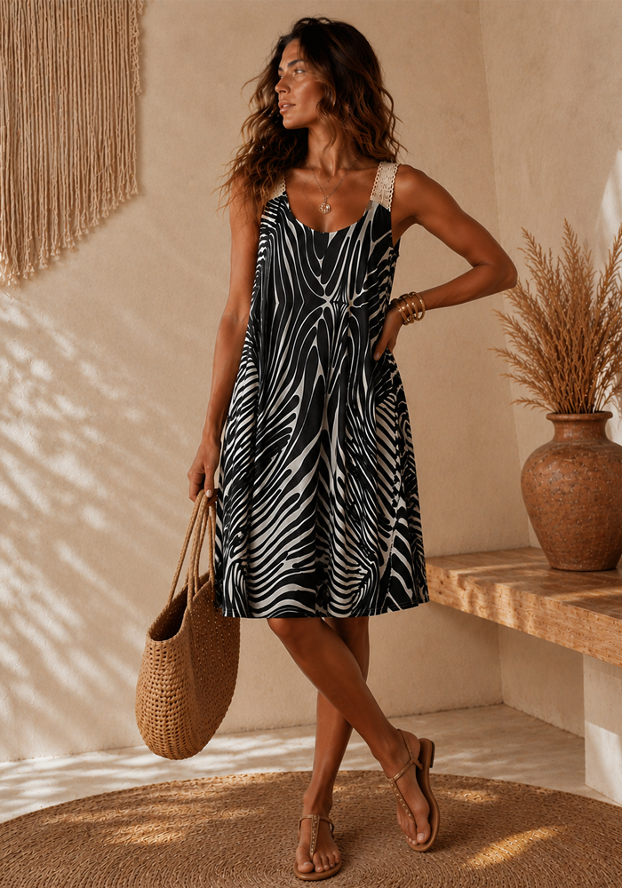 Boho φόρεμα Camille με ασπρόμαυρο abstract print, crochet τιράντες και ανοιχτή πλάτη με δέσιμο.