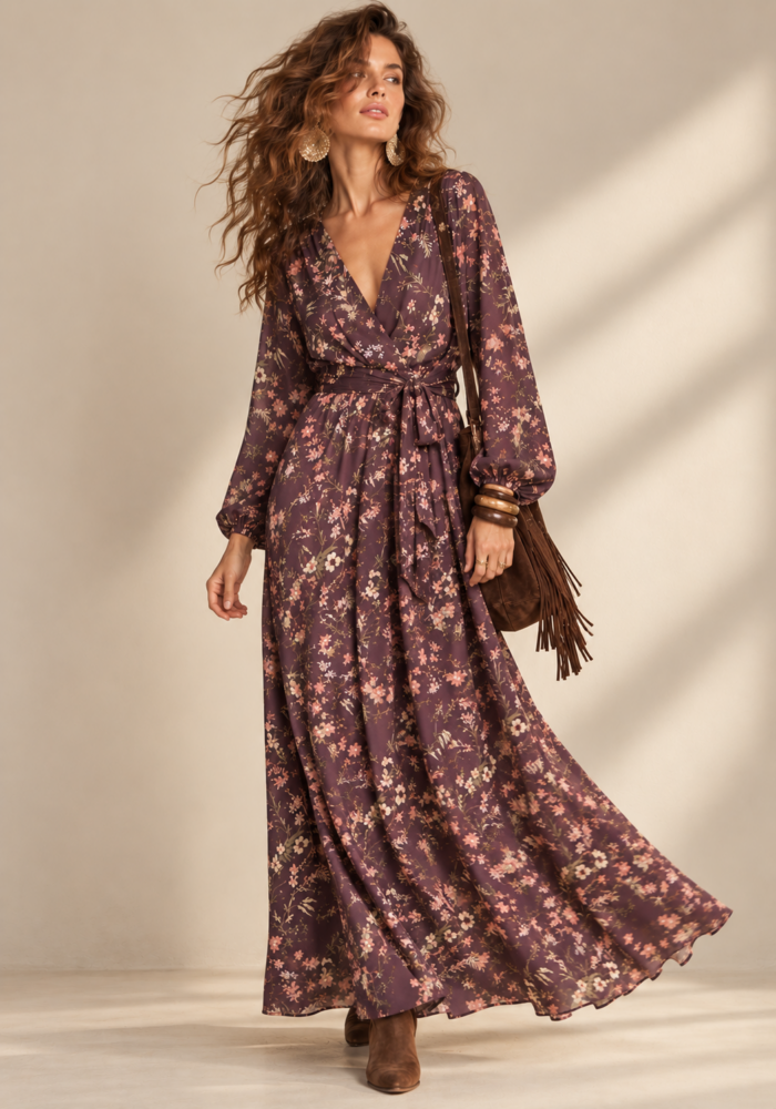 maxi boho κρουαζέ φόρεμα Floral καφέ