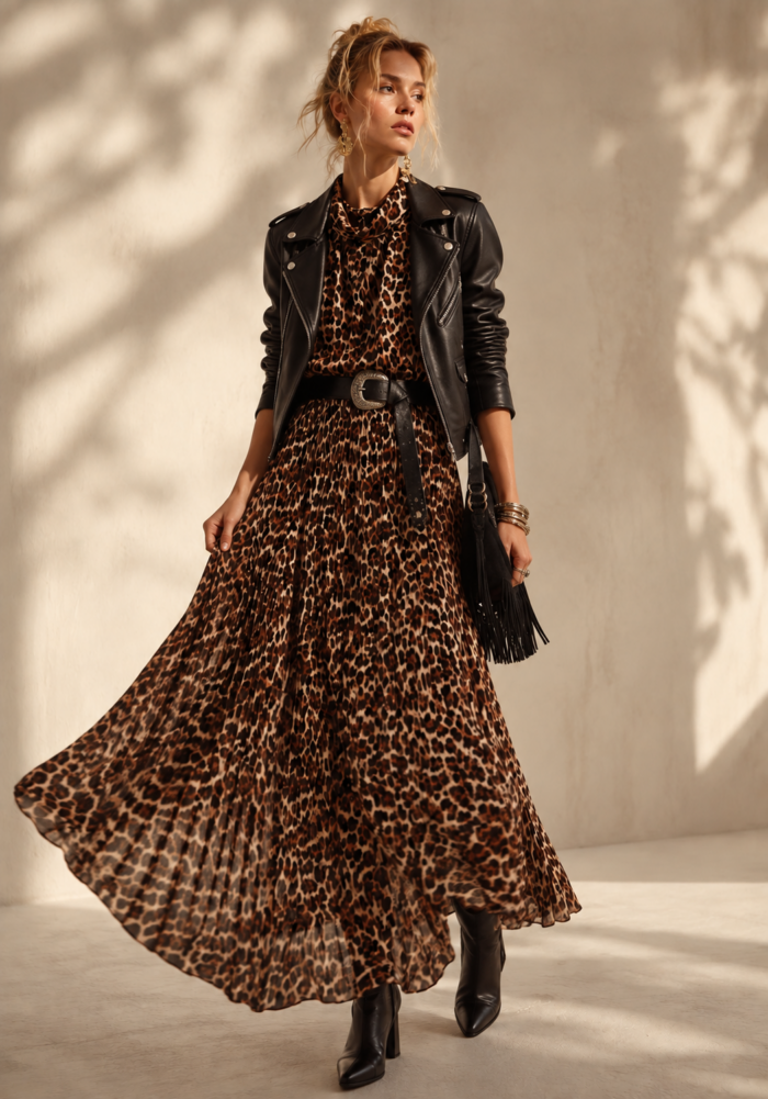 boho chic λεοπάρ πλισέ φόρεμα Savanna