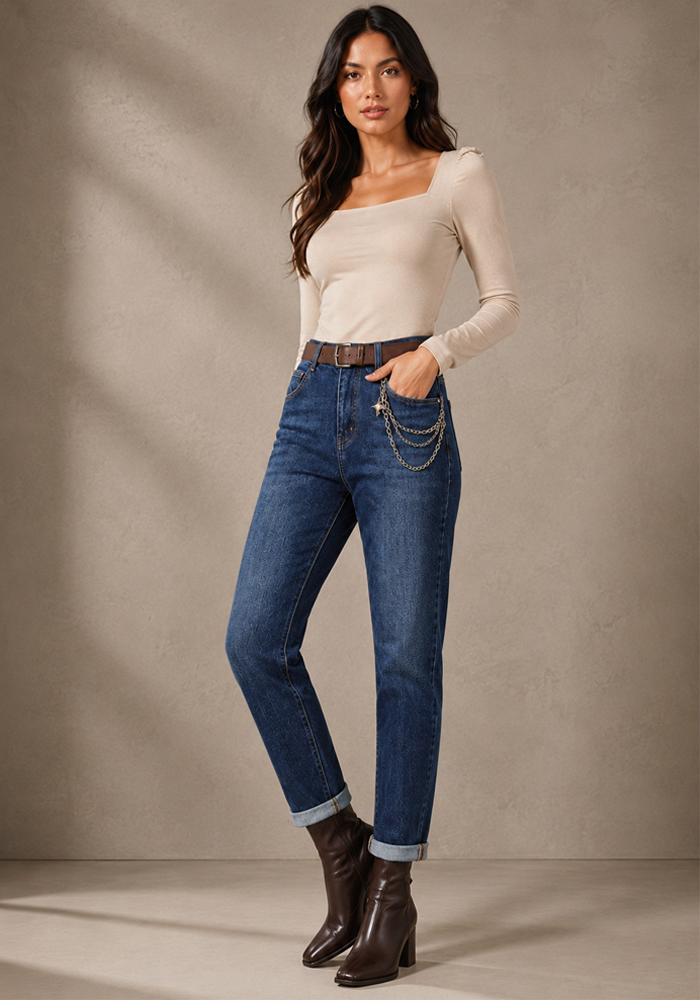 PerfectDress.gr mom fit ελαστικό τζην με ζώνη και αλυσίδα Free - 3