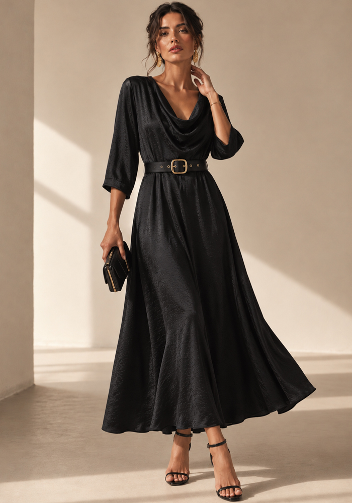 Μαύρο σατέν maxi φόρεμα Morena με ζώνη και cowl neck λαιμόκοψη σε elegant occasion styling
