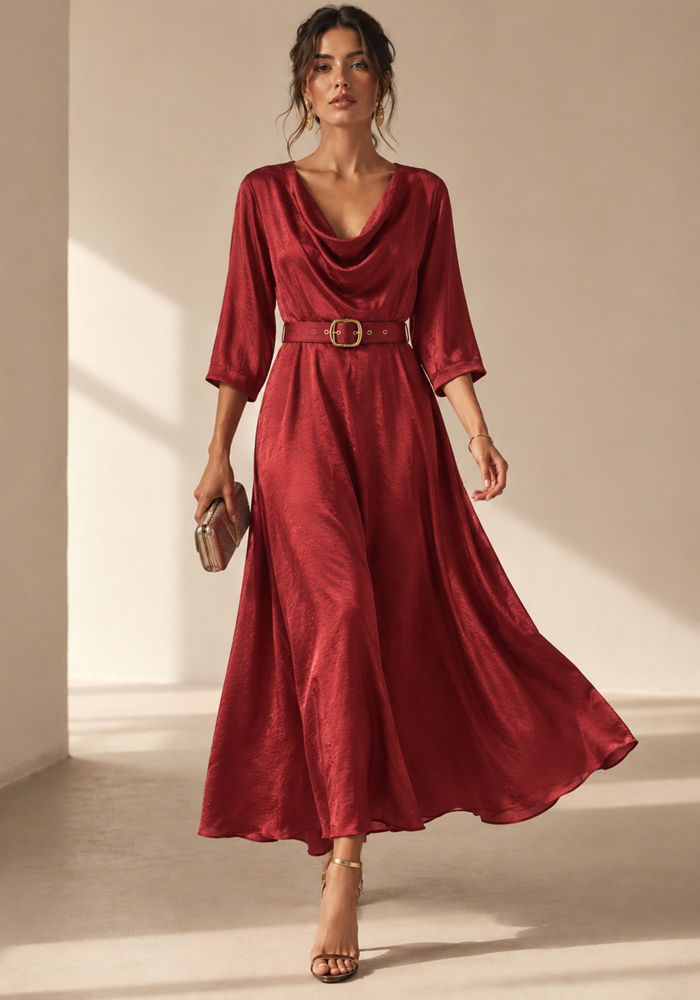 Κόκκινο σατέν maxi φόρεμα Morena με ζώνη και cowl neck λαιμόκοψη σε elegant occasion styling