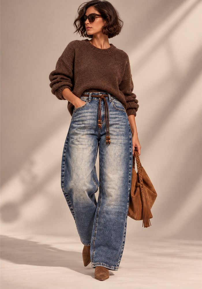 stonewashed barrel ελαστικό μαλακό τζην Hannah σε μπλε απόχρωση με καφέ ζώνη Perfectdress.gr