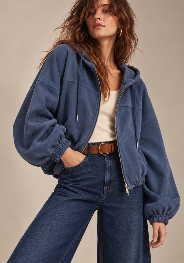 Γυναικείο ραφ suede bomber μπουφάν Base με κουκούλα, φερμουάρ και oversized γραμμή – PerfectDress.gr