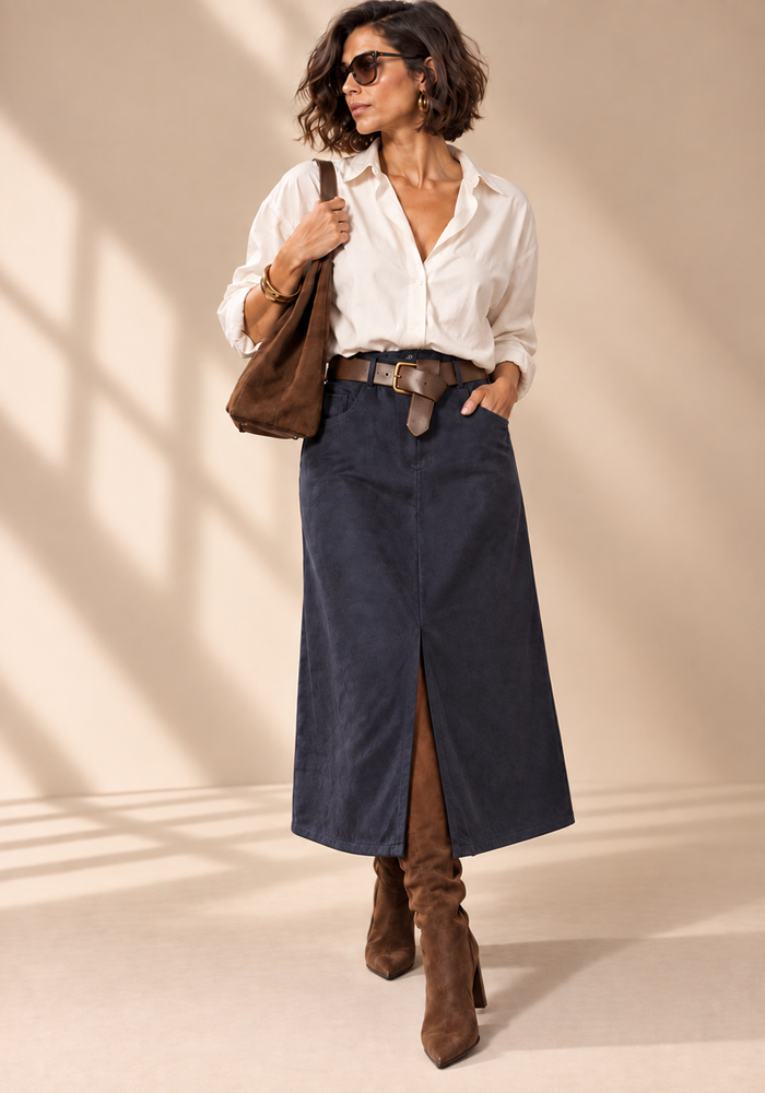 must have suede φούστα Britanny navy μπλε με μπροστινό σκίσιμο και ελαστική μέση Perfectdress.gr