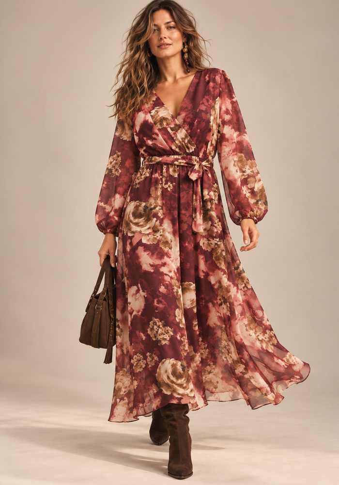 boho αέρινο maxi floral φόρεμα Celia burgundy