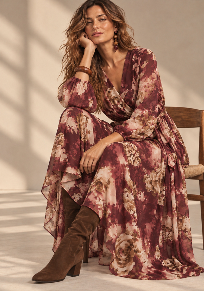 boho αέρινο maxi floral φόρεμα Celia burgundy