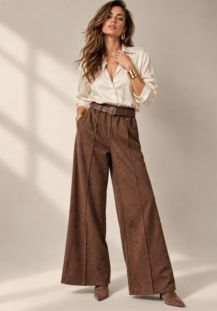 chic καφέ suede παντελόνι Claudia με λάστιχο στη μέση, νερβίρ μπροστά, τσέπες και ζώνη Perfectdress.gr