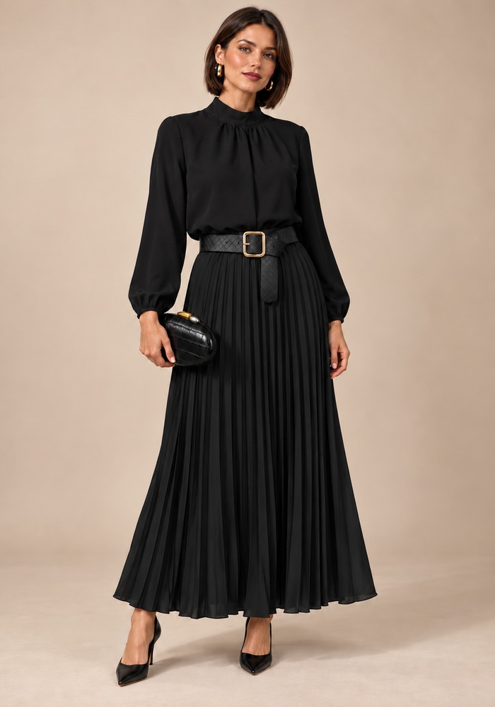 chic maxi πλισέ φούστα μαύρη Essential με ζώνη – μπροστινή όψη σε μοντέλο